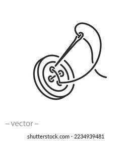 sewing on button icon, threaded needle, garments making, thin line symbol on white background - editable stroke vector illustration