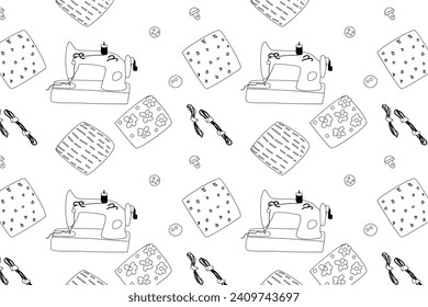 sewing outline background with sewing machine. Vector illustration isolated. Can used for textile, wrapping paper, poster, backdrop. 