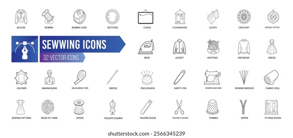 SEWING - Outline Icon Collection. Thin Line Set contains such Icons as Sewing Machine, Fabric Roll, Tailor's Shears, Skein Of Yarn and more. Simple web icons set.