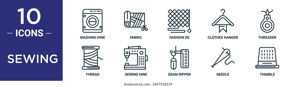 sewing outline icon set includes thin line washing hine, fabric, fashion de, clothes hanger, threader, thread, sewing hine icons for report, presentation, diagram, web design