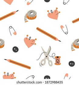 Sewing passion or hobby - seamless pattern including measuring tape, scissors, thread spool, pin cushions, safety pins, buttons and pencil 