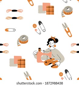 Sewing passion or hobby - seamless pattern featuring a seamstress and sewing tools, including fabric swatches, snips, measuring tape, safety pins, sewing machine and buttons