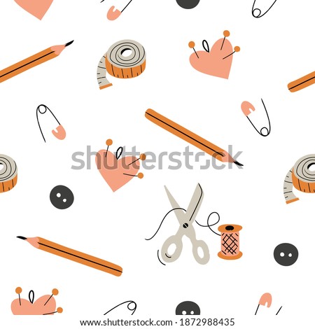 Sewing passion or hobby - seamless pattern including measuring tape, scissors, thread spool, pin cushions, safety pins, buttons and pencil 