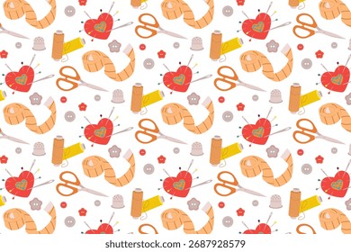 Sewing Pattern with Buttons Scissors and Threads Illustration