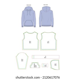 sewing pattern of clothing. Hoodie with a hood and a kangaroo pocket. hoodie pattern, kangaroo hoodie sketch.