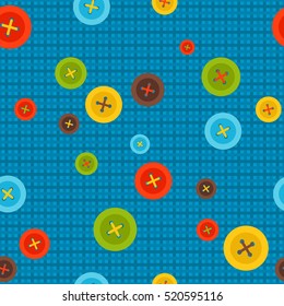 Sewing pattern with colorful buttons on blue background. Vector illustration