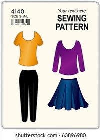 Sewing Pattern, Long and short sleeve T-shirts, Pants, Skirt for Women.  Copy space to add your name or art to customize, do it yourself , sizes, bar code, white background. EPS8 compatible.