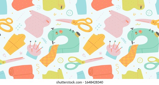 Sewing pattern, seamless vector background with sewing tools, sewing machine, scissors and fabric rolls, trendy flat hand drawn illustration, repeat backdrop for tailor shop or workshop, pastel color