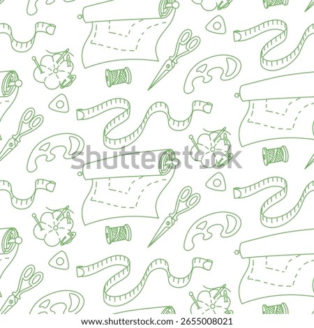 Sewing pattern, tailor. Fabric roll, scissors, chalk, thread, measuring tape, ruler-pattern. Seamless color contour texture. For packaging handmade sewing workshop brand-related. Made with love
