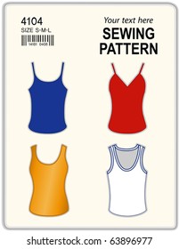 Sewing Pattern, Tank tops in four styles for women, with copy space to add your name or art to customize, do it yourself , sizes, bar code, isolated on white background. EPS8 compatible.