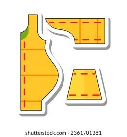 Sewing patterns for making dresses flat paper sticker icon. Equipment and items for needlework and tailoring with applied marking lines isolated on white background. Craft, hobby, fashion concept
