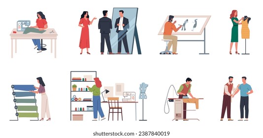 Sewing people. Modern apparel designers, cutters and seamstresses, atelier employees, dresses creation process, professional equipment in workshop cartoon flat style nowaday vector set