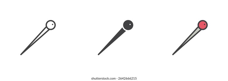 Sewing pin icon set shown in line, solid, and colorful filled outline vector styles. Symbol of fastening fabric temporarily in garment construction and craft projects.