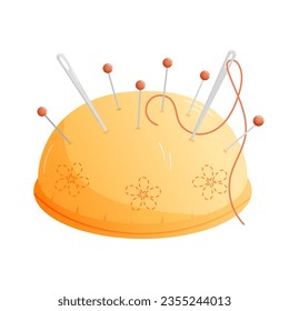 Sewing pincushion. Pins and needle with thread in pincushion isolated clipart. Sewing and embroidery accessories and supplies cartoon vector