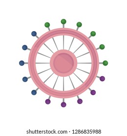 Sewing pins with colorful heads in round plastic wheel. Dressmaking tools. Flat vector design