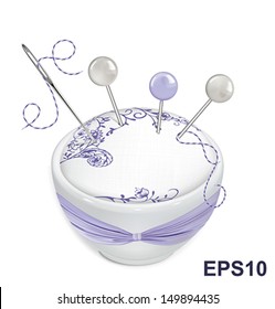 Sewing pins, needle, thread and pin cushion. HandMade. Vector illustration