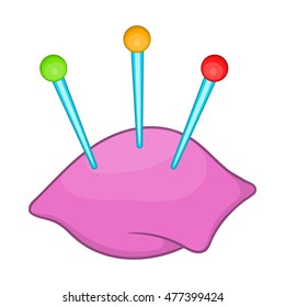 Sewing pins and pin cushion icon in cartoon style isolated on white background