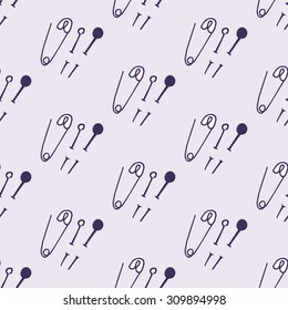 Sewing pins. Seamless pattern with hand-drawn cartoon sewing tools. Doodle drawing. Vector illustration.