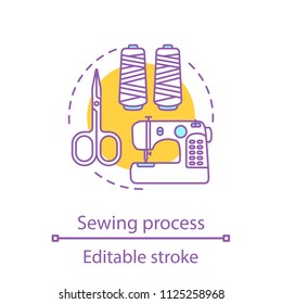 Sewing process concept icon. Tailoring idea thin line illustration. Needlecraft. Dressmaking. Sewing machine, scissors, thread. Vector isolated outline drawing. Editable stroke