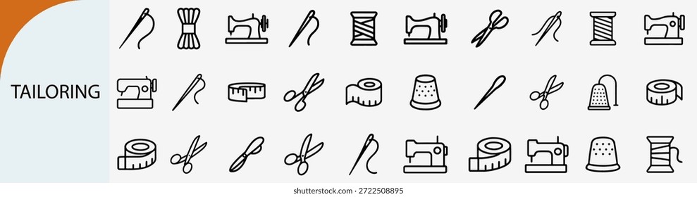 “Conjunto de iconos de línea delgada de equipos profesionales de sastrería y costura, Vector”