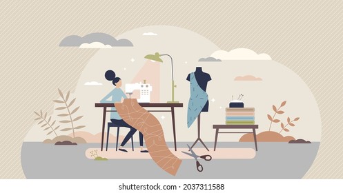 Sewing professional fashion clothes from textile material tiny person concept. Home work tailor scene with knitting, spool and machine for handcrafts vector illustration. Embroidery skill as hobby.