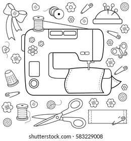 Sewing project tools and equipment. Vector black and white coloring page.