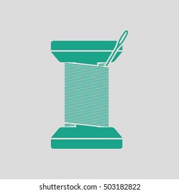 Sewing reel with thread icon. Gray background with green. Vector illustration.