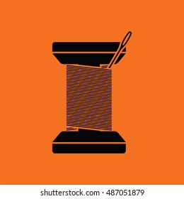 Sewing reel with thread icon. Orange background with black. Vector illustration.