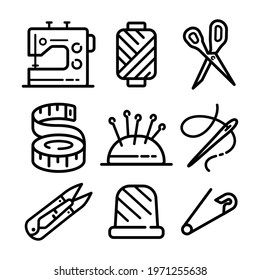 Sewing Related icons set. Needlework tools vector editable stroke pictogram, modern outline symbols, isolated on white background.