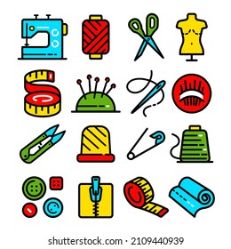 Sewing Related icons set. Needlework tools vector editable stroke pictogram, modern color symbols, isolated on white background, in simple style.