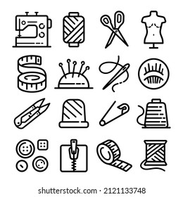 Sewing Related icons set. Sewing and needlework tools vector editable stroke pictogram, modern outline symbols, isolated on white background.