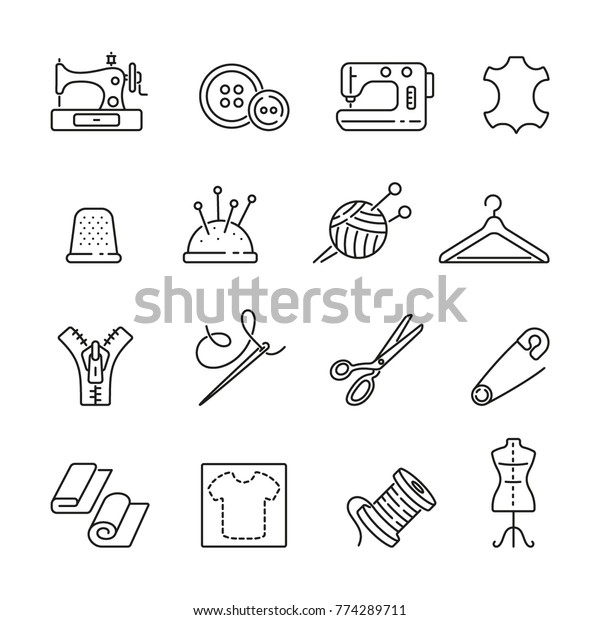 Sewing related icons: thin vector icon set, black and\
white kit