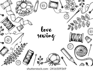 Sewing retro set. Vector hand drawn. Collection of hand drawn sewing tools. Engraved style. Sketch collection.