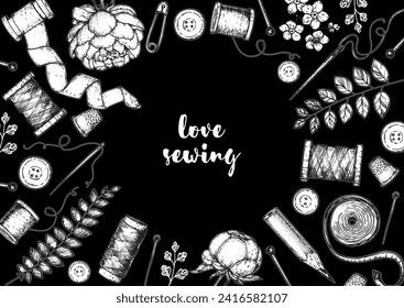 Sewing retro set. Vector hand drawn. Collection of hand drawn sewing tools. Engraved style. Sketch collection.
