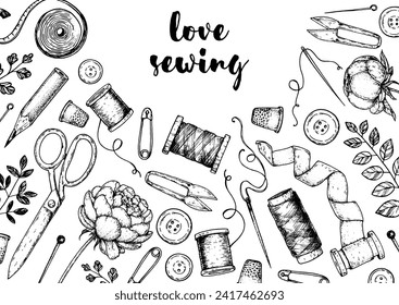 Sewing retro set. Vector hand drawn. Collection of hand drawn sewing tools. Engraved style. Sketch collection.