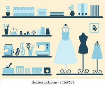 Sewing room interior and objects set. Vector illustration.