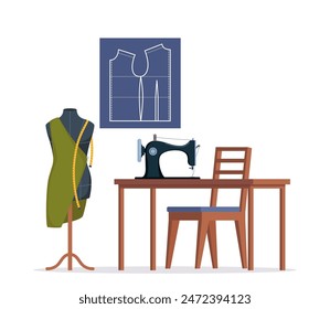 Sewing room with sewing machine, mannequin, tools and sewing pattern. Tailor interior. Vector illustration