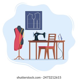 Sewing room with sewing machine, mannequin, tools and sewing pattern. Tailor interior. Vector illustration