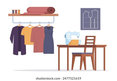 Sewing room with sewing machine, mannequin, tools, finished dresses and sewing pattern. Tailor interior. Vector illustration