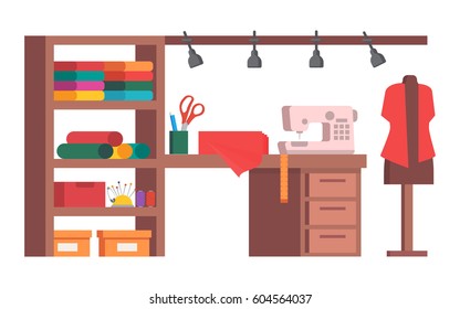 Sewing room with sewing machine, mannequin, tools and fabric rolls. Tailor interior. Vector illustration