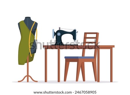 Sewing room with sewing machine, mannequin, tools. Tailor interior. Vector illustration