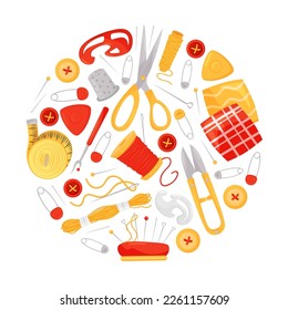 Sewing Round Composition Design with Tools for Handmade Craft Vector Template