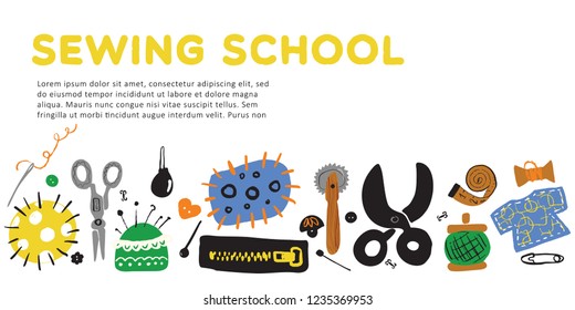 Sewing school. Web banner. Different hand drawn sewing tools. Isolated on white.