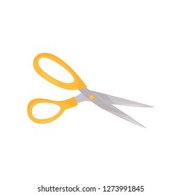 Sewing scissors with bright yellow handles and sharp blades. Tool for cutting fabric. Flat vector icon
