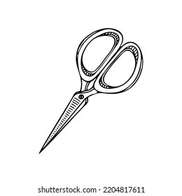 Sewing scissors line art. Thread trimming tool. Tailor profession. Hand drawn vector doodle illustration.