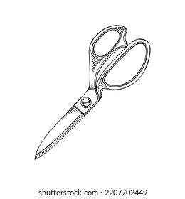 Arte de la línea de las tijeras de coser. Herramienta para recortar tejidos de hilos.. La profesión de sastre. Ilustración del doodle vector dibujado a mano.