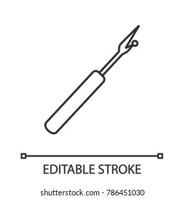 Sewing seam ripper linear icon. Thin line illustration. Stitch unpicking tool. Contour symbol. Vector isolated outline drawing. Editable stroke