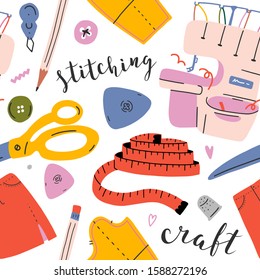 Sewing seamless patern made of colorful object illustrations, vector background. Sewing machine,scissors and other tools and supplies, good for hobby blog or atelier studio.