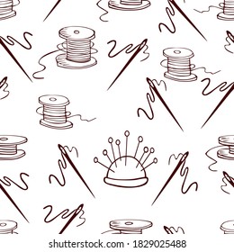 Sewing seamless pattern with sewing accessories. Hand drawn sketch style. Line art. 