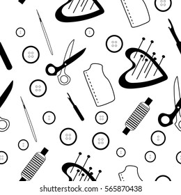 Sewing seamless pattern black and white flat icons for sewing business